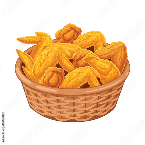 Deliciously golden fried chicken wings overflowing in a rustic woven basket, a mouthwatering appetizer or meal