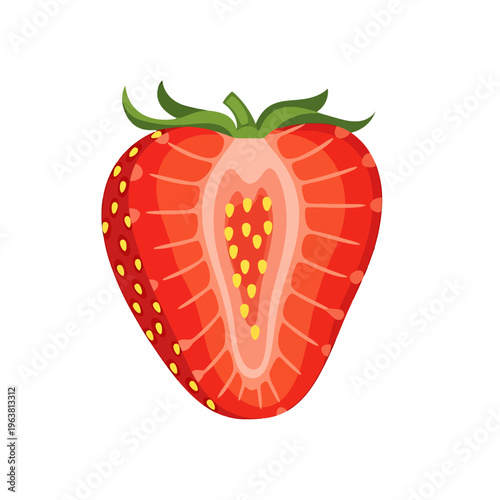 Vibrant and juicy cross-section of a fresh red strawberry, showcasing its sweet interior with tiny yellow seeds, perfect for healthy eating and summer dessert recipes