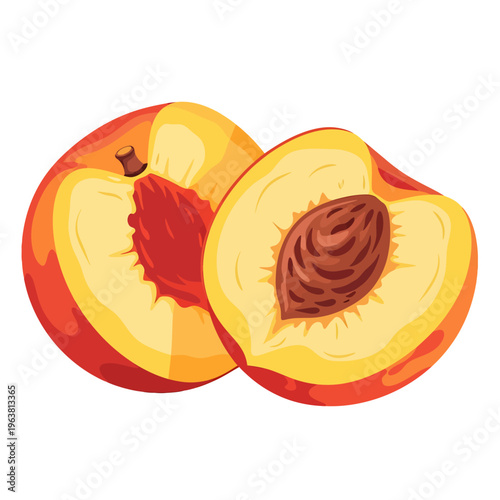 A vibrant, juicy peach, whole and halved, revealing its sweet flesh and textured pit, perfect for summer refreshment and culinary creations
