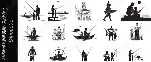 Fishing Father and son, fishing rods, Vector illustration, SVG