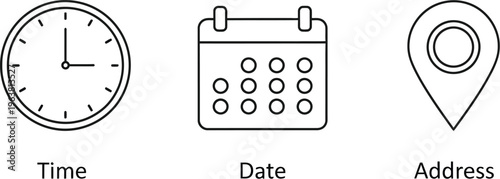 A set of three minimalist line art icons representing time, date, and address, essential elements for event planning and location details.