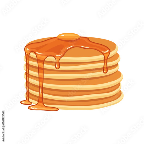 Delicious stack of golden pancakes lavishly topped with rich, flowing maple syrup and a melting pat of butter, perfect for a delightful breakfast or a sweet dessert treat