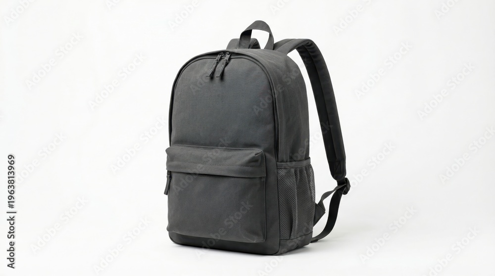 Fototapeta premium Gray backpack angled view with mesh side pocket isolated on white background