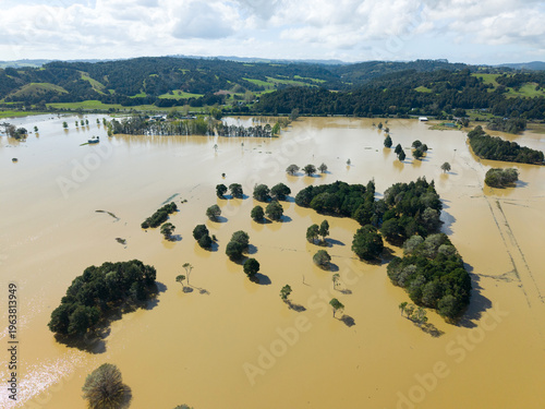 Flooded farmland aerial after heavy rain in Northland New Zealand