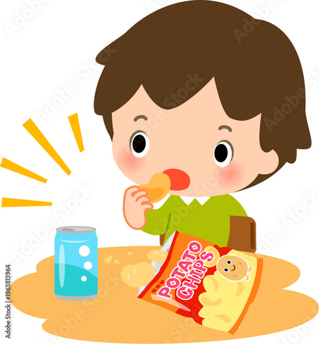だらしない態度でポテトチップスを食べる男の子