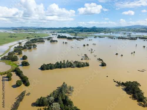 Flooded farmland aerial after heavy rain in Northland New Zealand