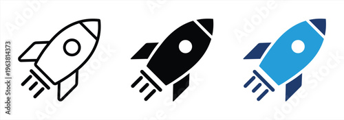 Rocket icon launching upward. Startup launch and business growth symbol for innovation, project development, acceleration, strategy, marketing and successful progress.