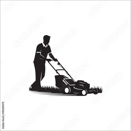 Man Mowing Lawn Silhouette: A focused individual diligently operates a lawnmower, shaping a meticulously manicured lawn and showcasing a snapshot of diligent lawn care.