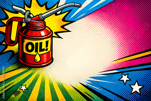 vibrant pop art of oil can in corner with bold colors and halftone texture