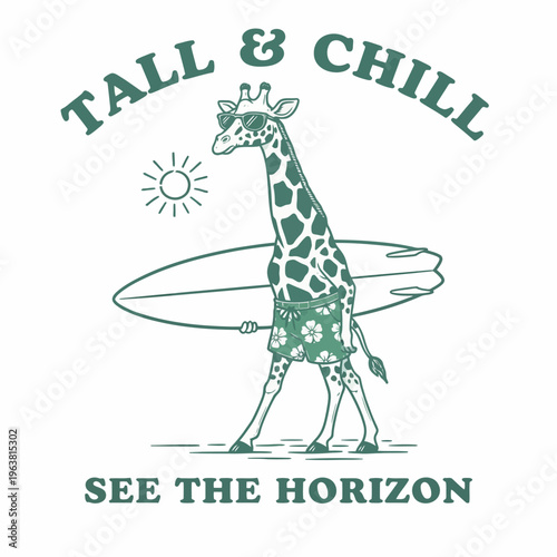 Giraffe with surfboard under sun.