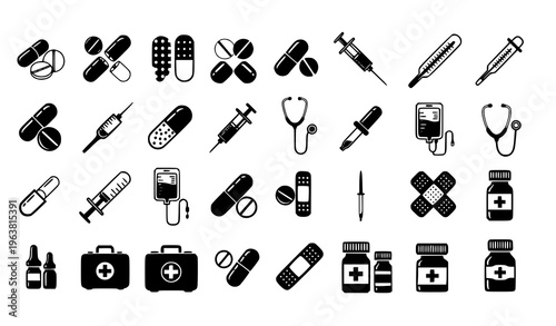 Medical and Healthcare Icon Set Featuring Pills, Capsules, Syringes, Stethoscope, Bandages, IV Drip, Medicine Bottles, and First Aid Symbols for Hospital and Clinic Design