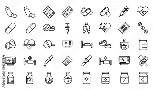Medical and Healthcare Icon Set Featuring Pills, Capsules, Bandages, Syringes, IV Drip, Hospital Bed, Heart Monitor, and Medicine Bottles for Clinical and Pharmacy Design