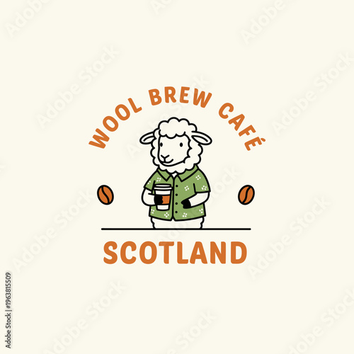 Sheep holding coffee cup Scotland.