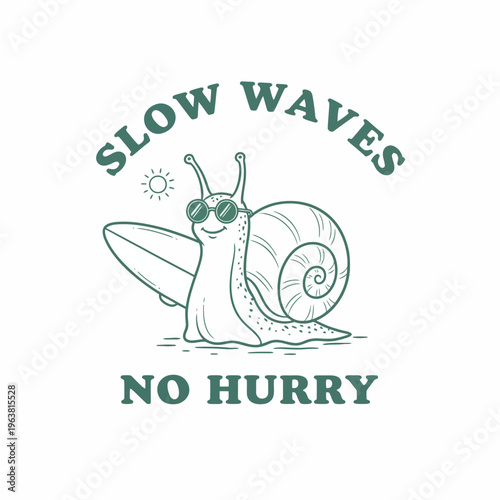 Snail wearing sunglasses surfing beach.