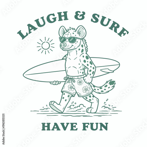 Spotted Hyena Wearing Sunglasses Surfing.
