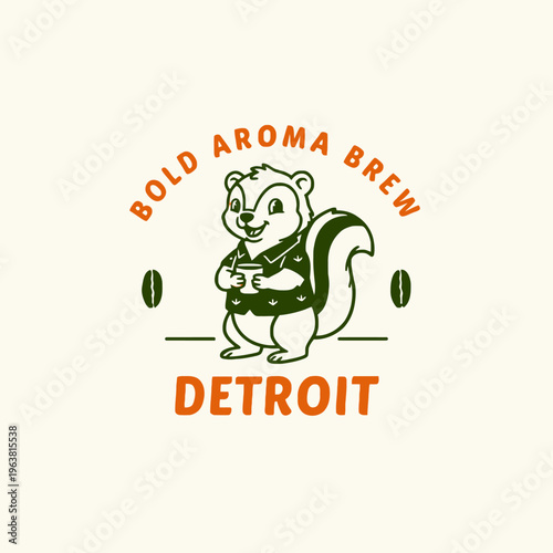 Squirrel wearing green shirt holding coffee.