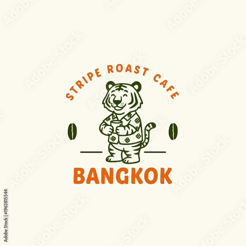 Tiger wearing apron standing holding coffee.