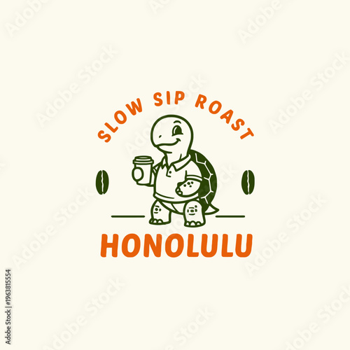 Turtle holding coffee cup illustration.