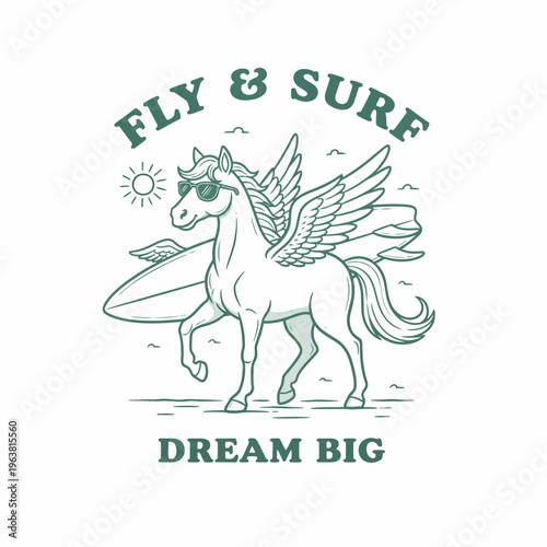 Winged horse with surfboard and sunglasses.