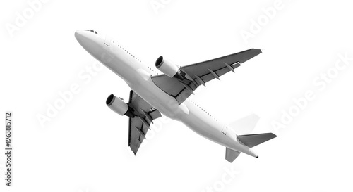Wide angle bottom view of white airplane climbing isolated on a transparent background passenger jet airliner with dual engines for travel promotion and aviation banner design