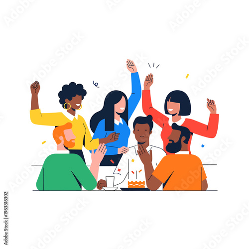 diverse group of happy people celebrating a birthday party with friends raising hands in joy and teamwork