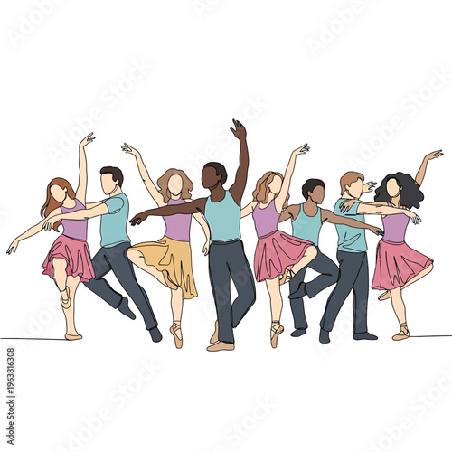 diverse group of dancers performing graceful ballet and modern dance in a minimalist line art illustration