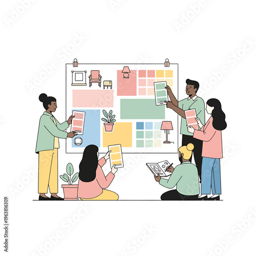 diverse design team collaborating on an interior design project mood board developing creative concepts.