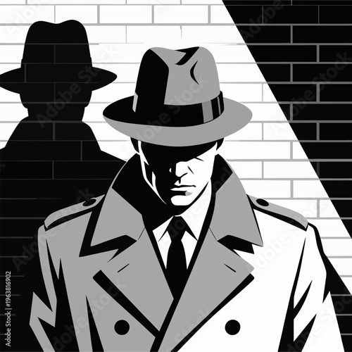 Photos Noir Detective Silhouette Against Brick Wall in Fedora and Trench Coat – Mystery