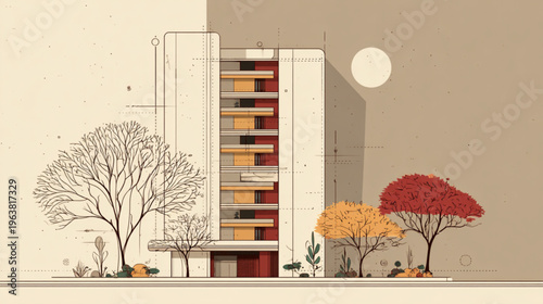 Modern Apartment Building With Trees And Moonlight For Architectural Concepts