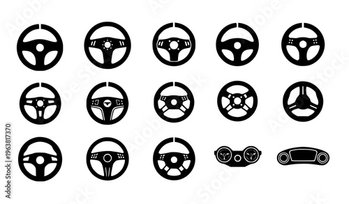 Car Steering Wheel Icon Set Featuring Various Wheel Designs, Driving Controls, Automotive Symbols, and Vehicle Interior Elements for Transport and Dashboard Design