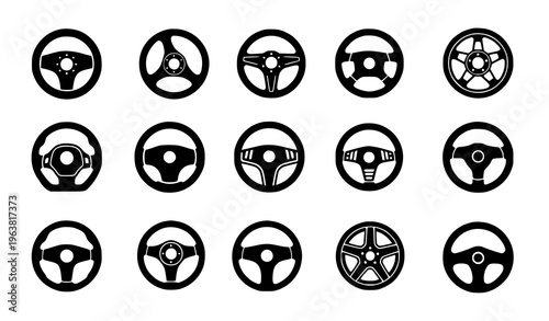 Set of Steering Wheel Icons with Various Car Wheel Designs in Minimal Black Style for Automotive, Driving, and Transportation Design Projects