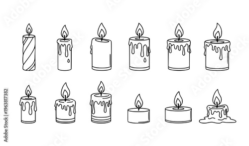 Set of Hand Drawn Candle Icons with Flames, Wax Drips, and Decorative Light Elements in Minimal Black Line Style for Holiday and Spiritual Design