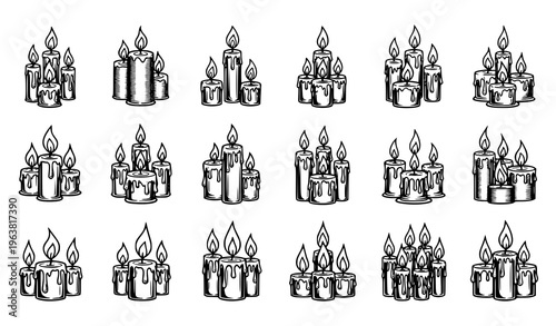 Collection of Decorative Candle Icons with Multiple Flames, Wax Drips, and Festive Light Arrangements in Minimal Black Style for Holiday, Celebration, and Spiritual Design