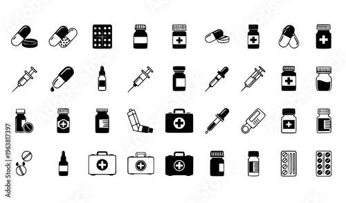 Medical and Pharmaceutical Icon Set Featuring Pills, Syringes, Medicine Bottles, First Aid Kits and Healthcare Equipment in Black Silhouette Style