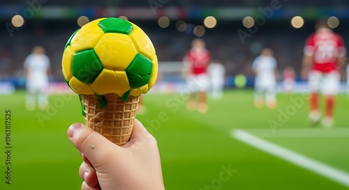 A hand holding a soccer ball ice cream cone at a stadium Brazil 2026 soccer world championship green and yellow.