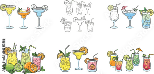 Hand Drawn Cocktail Drinks Collection with Fresh Citrus, Tropical Beverages, Summer Party Glasses, Margarita Mojito Lemonade, Colorful Bar Menu Vector Illustration Set