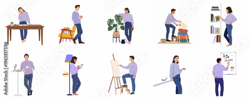 Set of flat vector illustrations featuring a man and woman engaging in various household activities, hobbies, work, and relaxation at home.