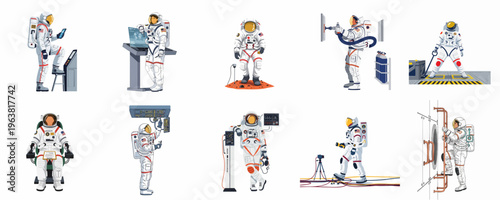 Illustrative set of astronauts in space suits performing diverse tasks like piloting, exploring planets, and repairing equipment in outer space.