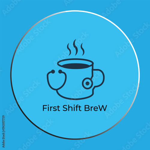 Minimalist medical coffee mug logo with stethoscope and steam for nursing or doctor cafe.