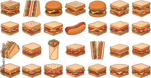 Delicious Sandwich and Fast Food Collection with Burgers, Wraps, Hot Dog, Layered Snacks, Lunch Menu Items, Street Food Vector Illustration Set