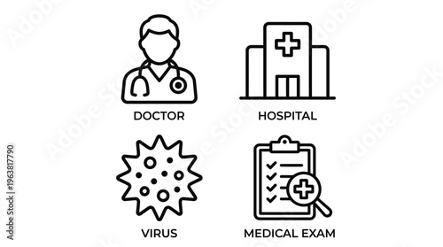 Medical icons set with doctor hospital virus and medical exam illustrations for healthcare concepts