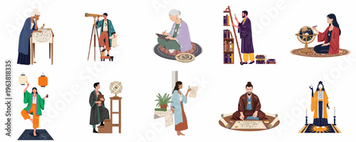 Diverse characters engaged in ancient astronomy, astrology, and mystical practices including stargazing, mapping the cosmos, and studying celestial bodies.