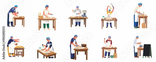 Set of diverse professional bakers in aprons and hairnets preparing dough and baking fresh bread on wooden tables, isolated on white background.