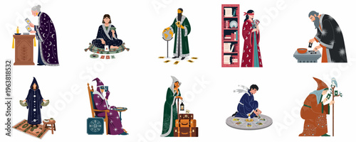 Collection of various mystical characters, fortune tellers, and wizards practicing divination with tarot cards and magical artifacts in a flat illustration style