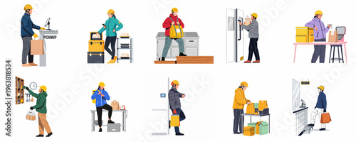 Collection of flat illustrations depicting diverse delivery couriers picking up, packing, and preparing food orders for transport in various urban service settings.