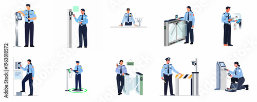 Professional Security Guard Characters Operating Modern Access Control Systems, Electronic Gates, Surveillance Cameras, and Identity Verification Technology for Secure Facilities.