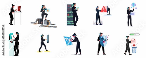 Cybersecurity Specialist Illustrations Set: Vector Characters Managing Server Rooms, Malware Alerts, Data Protection, System Breaches, and Digital Defense in Modern Tech Environments.