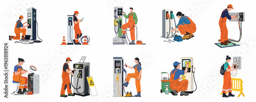 Set of flat vector illustrations depicting technicians and workers maintaining, repairing, and installing electric vehicle charging stations and fuel pump equipment.