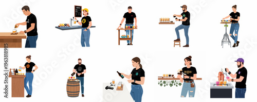 Vector Illustration Set of Brewery Workers and Bartenders Pouring Craft Beer and Serving Customers in a Modern Pub or Taproom Environment