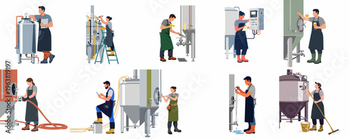 Set of vector illustrations showing diverse brewery workers operating equipment, performing maintenance, cleaning, and quality control in a modern beverage production facility.